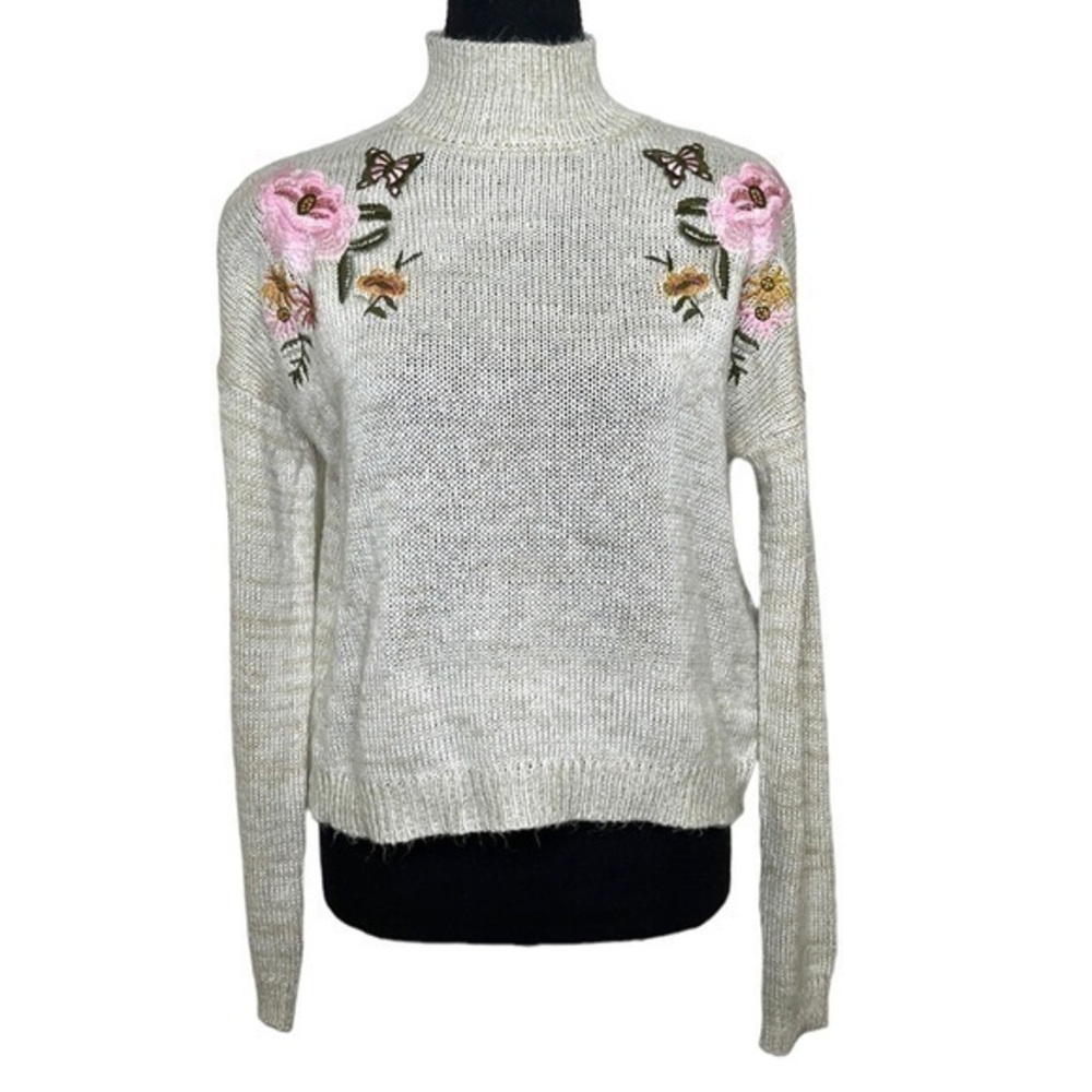 Cloud Chaser Womens Floral Embroidered Sweater Oatmeal Size Small